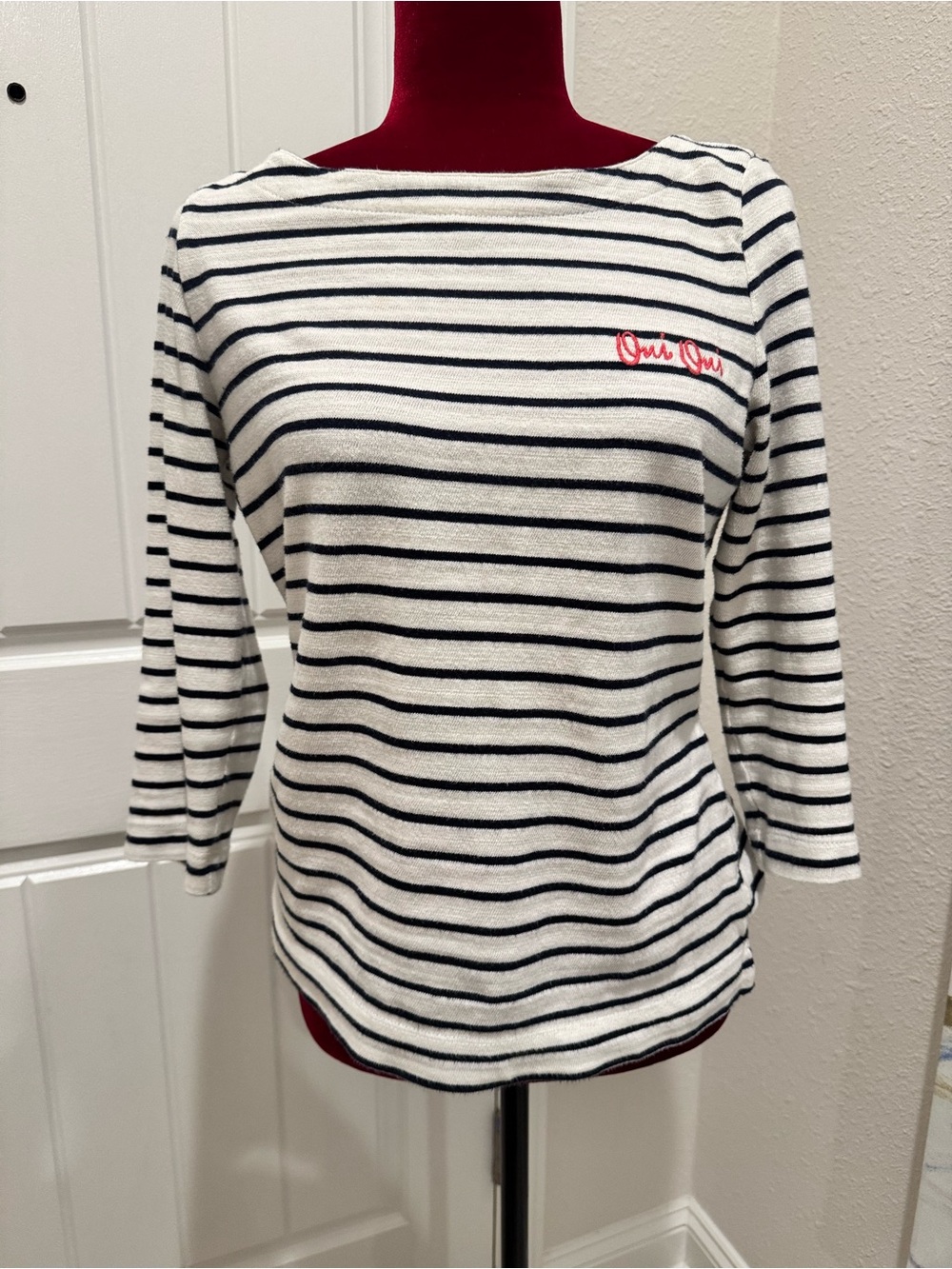 LOFT White Boatneck Long-Sleeve Top with Blue Stripes